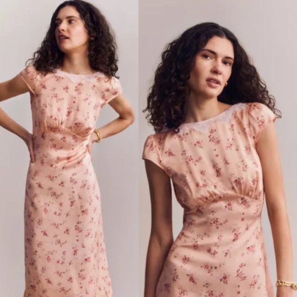 NWT Reformation Lucas Silk Midi Dress SZ 4 Myrna Floral Cap Sleeves Deep V-Back - Picture 1 of 12